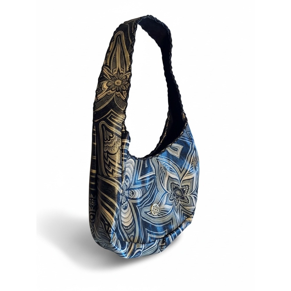 Brook Fullwiler Leather Hobo Bag OS Blue Gold Hand Painted Floral Boho 2006